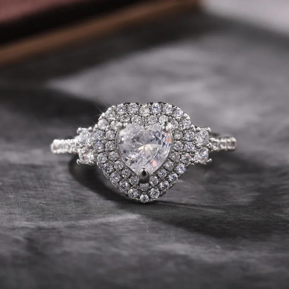 😍Diamond Heart CZ Shiny 14k White Gold Luxury Macro Pave Ring for Women, K852 - Picture 8 of 11